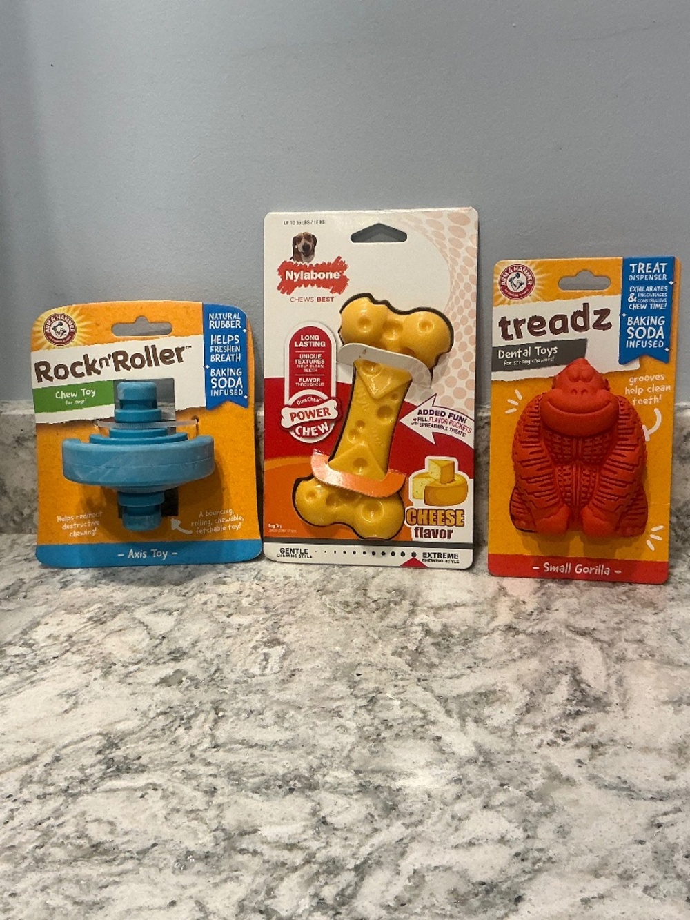 New in Package Nylabone Cheese bone Arm & Hammer Treadz Rock n Roller dog toys
